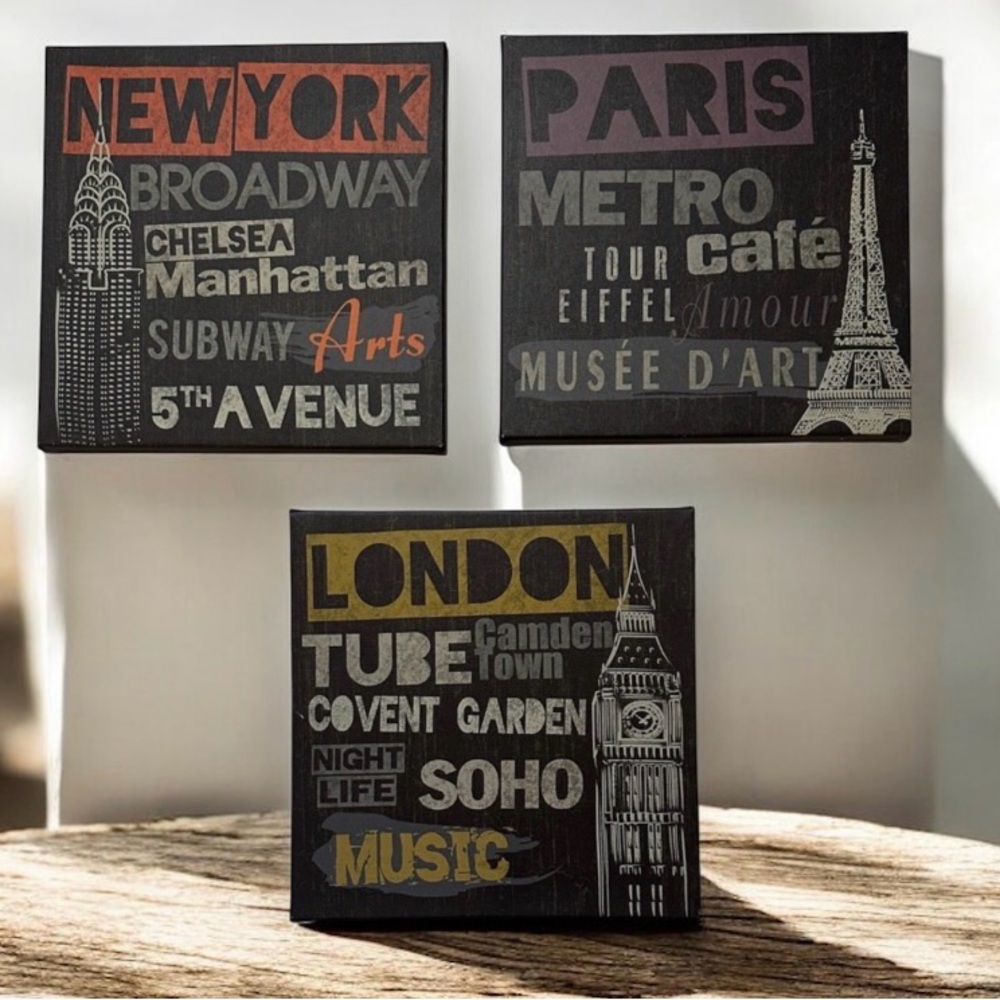 IKEA Cityscape Wall Art Set Canvas Black Yellow Gray New York London Paris
